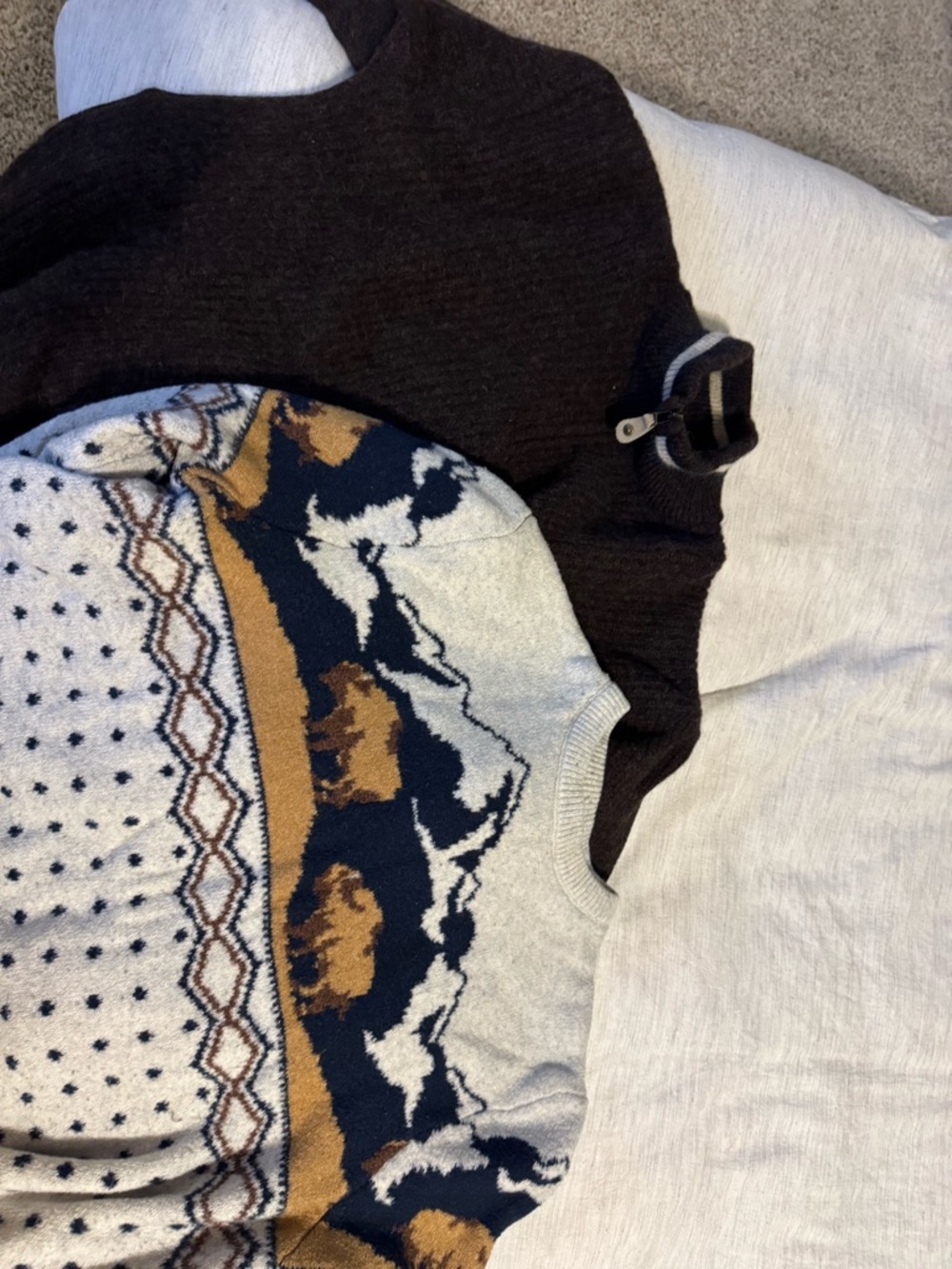 Mountain Pattern Knit Sweater in Cream, Navy & Mustard and Columbia Wool Sweater